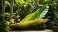 A broad, lance-shaped banana leaf in a tropical garden setting