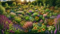 Broad panoramic view of a sustainable garden with a focus on pollinator-friendly plants. AI generated.