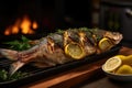broad shot of a wood-fire grilled whole fish with lemon halves