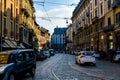 Broad Street with tram track among old houses in Milan Royalty Free Stock Photo