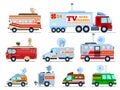 Broadcast car vector tv vehicle broadcasting van with antenna satellite media and television transport illustration set Royalty Free Stock Photo