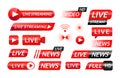 Broadcast icons. Web and mobile video translation buttons and banners for live news and stream broadcasting. Vector