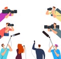 Broadcast interview. Tv journalists with camera and microphones online. News on air vector concept Royalty Free Stock Photo