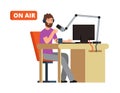 Broadcast in radio studio. Broadcasting person with microphone and headphones. Cartoon vector illustration