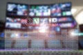 Broadcast studio on air. Media sound, radio and television record on monitors blurred background Royalty Free Stock Photo