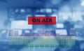 Broadcast studio on air. Media sound, radio and television record on monitors blurred background Royalty Free Stock Photo