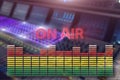 Broadcast studio on air. Media sound, radio and television record on professional audio panel blurred background.