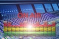 Broadcast studio on air. Media sound, radio and television record on professional audio panel blurred background. Royalty Free Stock Photo