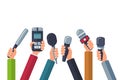 Broadcasting, media tv, interview, press and news vector background with hands holding microphones