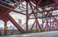 Broadway metal drawbridge over Willamette River overlooking Portland down town