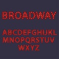 Broadway. Red letters with luminous glowing lightbulbs. Vector typography words design. Template type font for poster