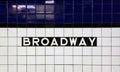 broadway sign in tiles on the wall of a subway station in downtown manhattan, new york city