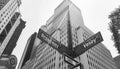 Broadway and Vesey Street signs on a lamp post with lens flare, New York City, USA Royalty Free Stock Photo