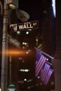 Broadway and Wall Street Signs at the night, Manhattan Royalty Free Stock Photo