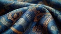 brocade fabric, focusing on the rich, decorative patterns and vibrant blue color, fully occupying the screen with its Royalty Free Stock Photo