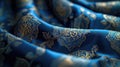 brocade fabric, focusing on the rich, decorative patterns and vibrant blue color, fully occupying the screen with its Royalty Free Stock Photo