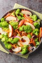 Broccoli apple salad made with fresh broccoli, red apples, carrots, dried cranberries, red onion, nuts closeup on the plate on the Royalty Free Stock Photo