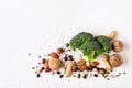 Broccoli, beans and nuts sources of vegetable protein. Vegan healthy food concept