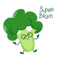 Broccoli cartoon character wearing glasses. Funny and cute vegetable. Genius smart brainiac.