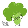 Broccoli cartoon character wearing glasses. Funny and cute vegetable. Genius smart brainiac.