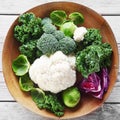 Broccoli, Cauliflower and Cabbage on Wooden Bowl