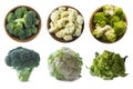 Broccoli, cauliflower and roman cauliflower in wooden bowl isolated on a white background. Three bowls of cabbage on a white backg Royalty Free Stock Photo