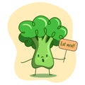 Broccoli character holding a sign Eat meat. A call to give up vegetables, vegetarianism, veganism, ecological lifestyle. Funny