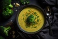 Broccoli Cheddar Soup Vegetarian, Top View. Generative AI