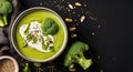 Broccoli Cream Soup Dish in Deep Plate. Cauliflower, Pumpkin Seeds and Sesame Scattered on Dinnertable. Diet Creamy Lunch Isolated Royalty Free Stock Photo