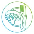 Broccoli in dish with fork and knife