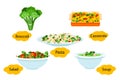 Broccoli dish. Soup in white bowl and tasty casserole with broccoli and cheese, pasta, salad with broccoli and cherry