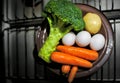 Broccoli, eggs, potatoes and carrots in the kitchen. Real food concept