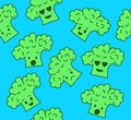 Broccoli emojis onblue background. Seamless vector pattern