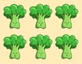 Broccoli emotions collection, joy sadness anger, face character portrait humanized broccoli. Set of emotional green cabbage