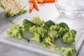 Broccoli florets close-up. Fresh raw organic broccoli on a white cutting board on kitchen table, still life, cooking process Royalty Free Stock Photo