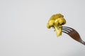 broccoli on fork over white background. for presentations on healthy eating and living.