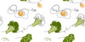 Broccoli and fried eggs vector keto diet breakfast pattern or texture. One continuous line art drawing pattern with Royalty Free Stock Photo