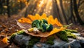 Autumnal Broccoli and Turmeric Still Life on Mossy Rock Royalty Free Stock Photo