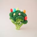 Broccoli like a tree decorated with colorful eggs. Creative concept for Easter