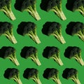 Broccoli pattern on a solid green background. Healthy diet. Colorful and fresh food. Broccoli cabbage. Photographed in harsh light