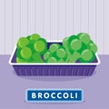 Broccoli on the plastic food packaging tray wrapped with polyethylene. Vector illustration Royalty Free Stock Photo