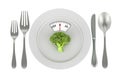 Broccoli on the plate with weight scale. Diet meal concept. 3D rendering Royalty Free Stock Photo