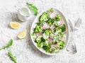 Broccoli and radish salad with yogurt sauce on a light background, top view. Delicious healthy vegetarian food Royalty Free Stock Photo