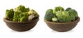 Broccoli and Roman cauliflower in wooden bowl isolated on white background. Cauliflower close up. Royalty Free Stock Photo