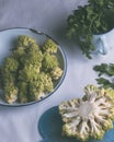 Broccoli of the Romanescu variety, on a tin plate with a blue border