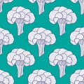 Broccoli seamless pattern on turquoise background. Printable broccoli wallpaper