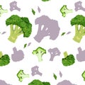 Broccoli side view and in section, a head of a plant of the cabbage family, a small green tree. Seamless pattern on