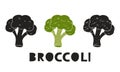 Broccoli, silhouette icons set with lettering. Imitation of stamp, print with scuffs
