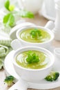 Broccoli soup in bowls on wooden kitchen table closeup. Healthy vegetarian dish Royalty Free Stock Photo