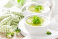 Broccoli soup in bowls on wooden kitchen table closeup. Healthy vegetarian dish. Diet food Royalty Free Stock Photo